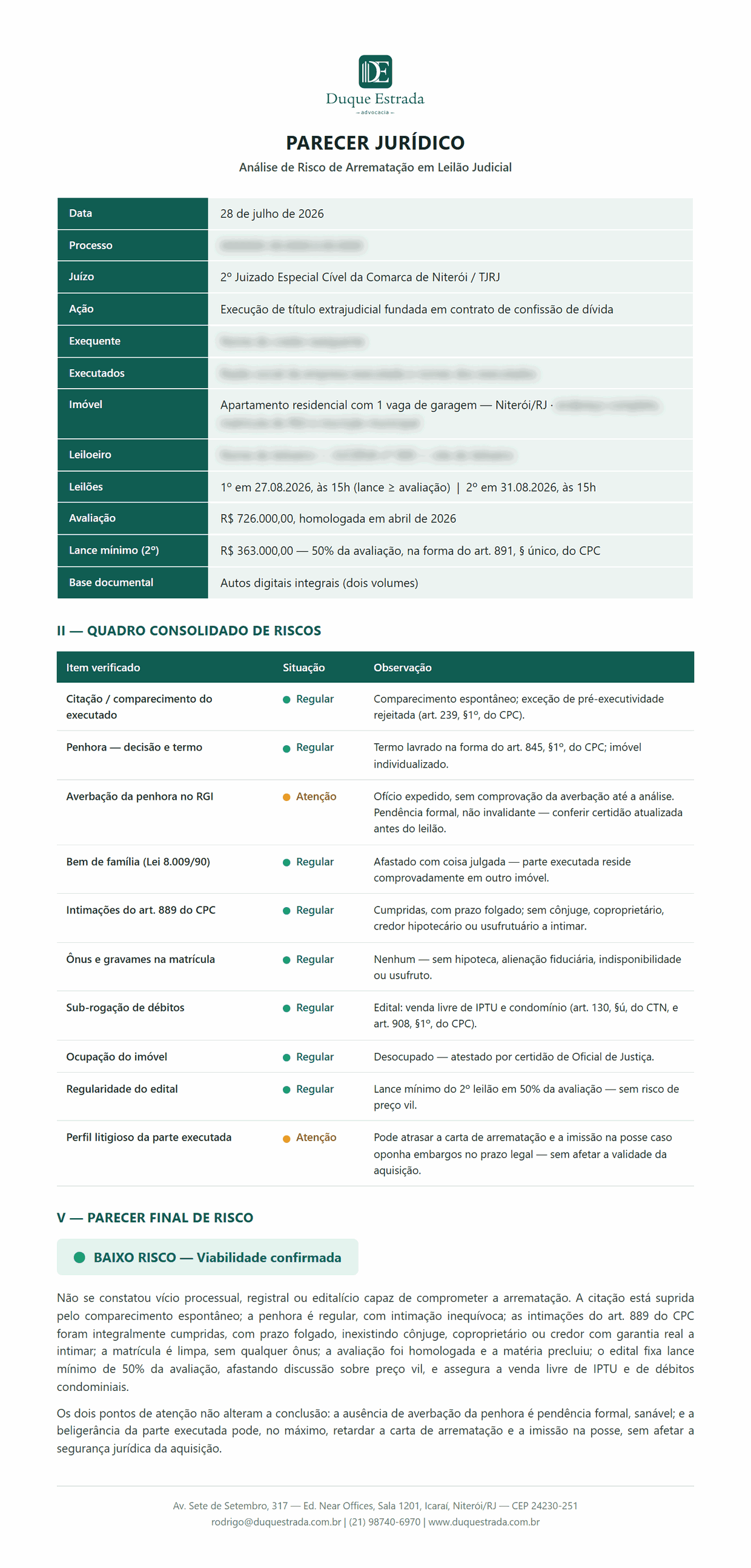 Exemplo de parecer de viabilidade com conclusão de baixo risco — arrematação de apartamento residencial em Niterói/RJ (caso real anonimizado)