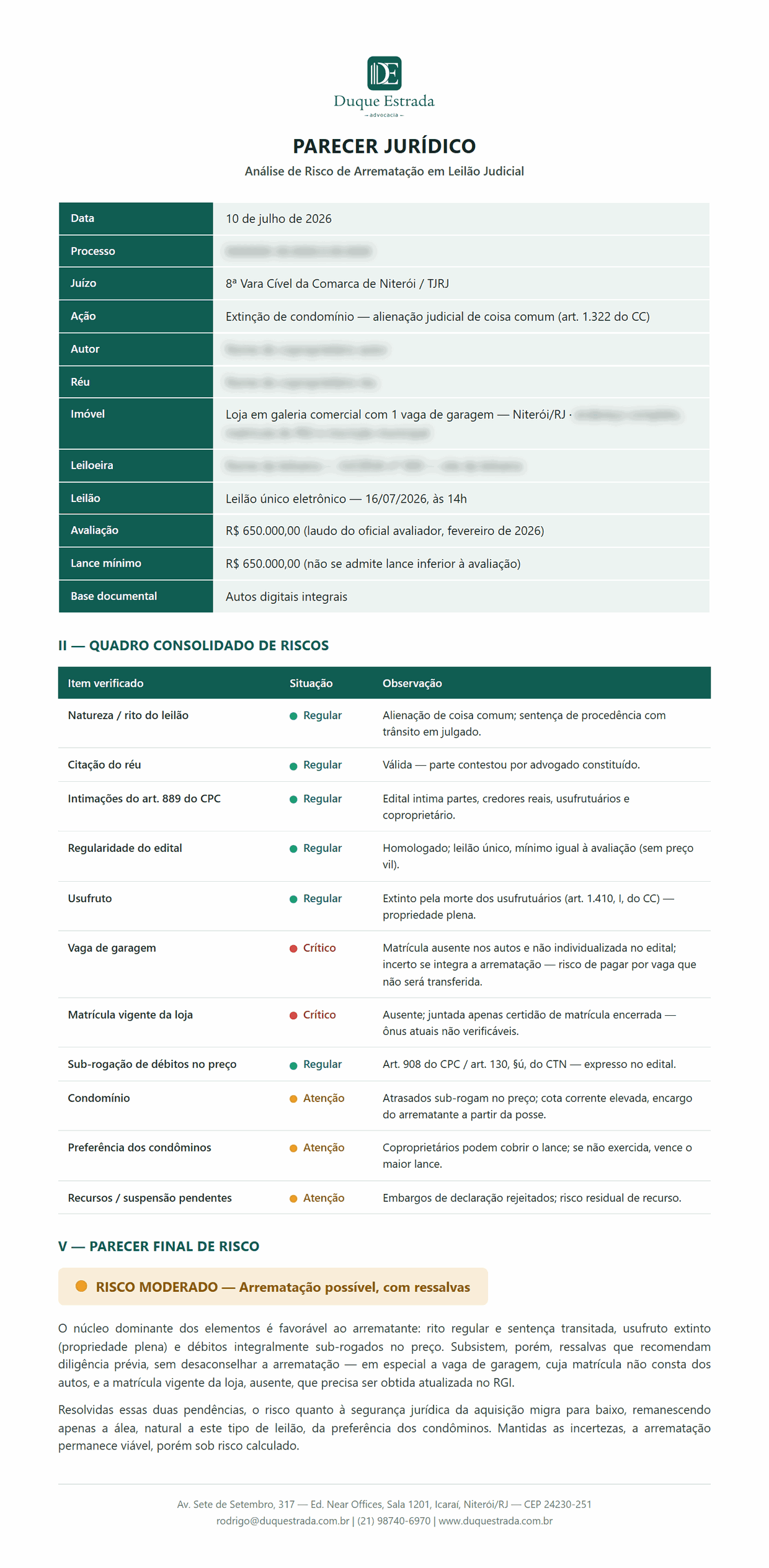 Exemplo de parecer de viabilidade com conclusão de risco moderado — arrematação de loja comercial em Niterói/RJ (caso real anonimizado)